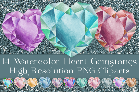 Heart Gemstones Watercolor PNG Cliparts