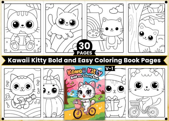 Kawaii Kitty Bold Easy Coloring Pages V1